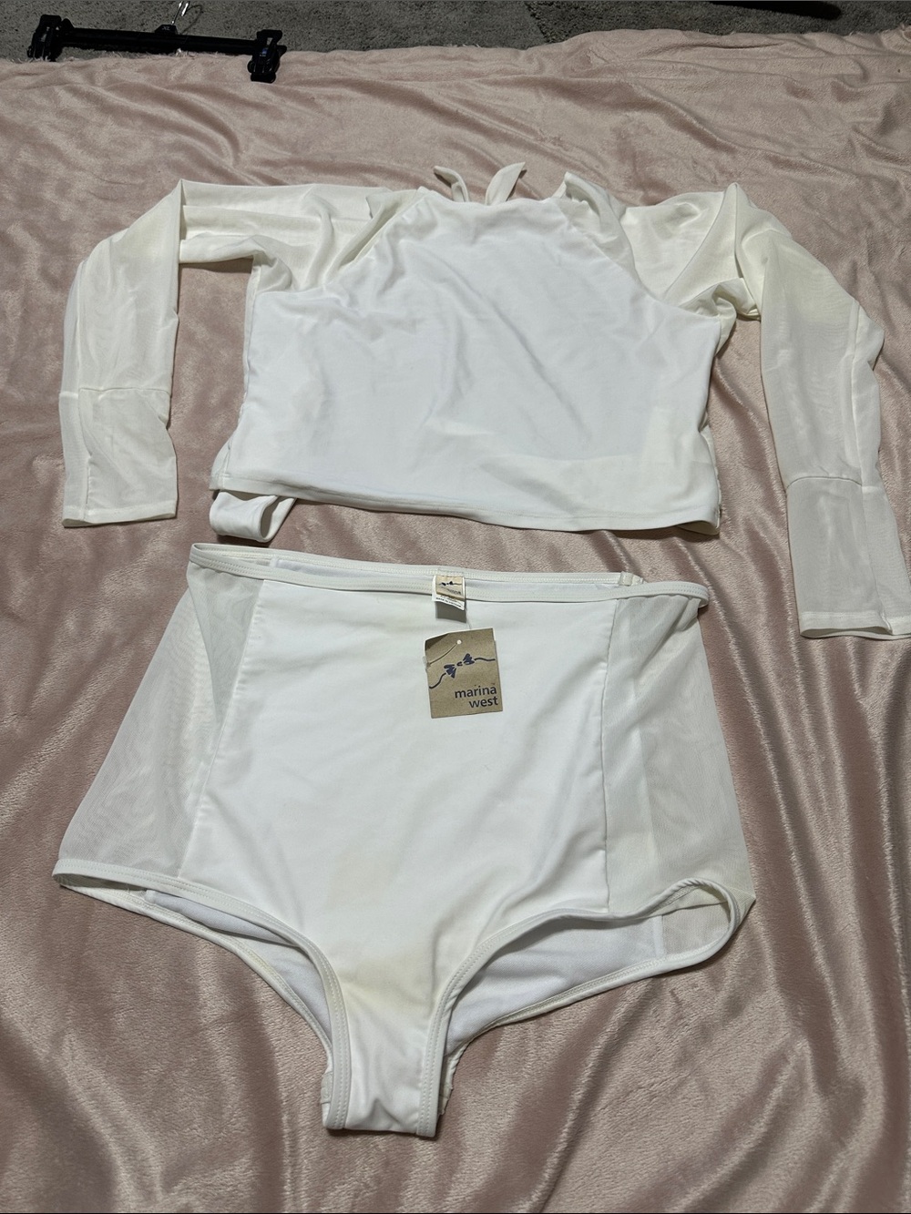 Marina West White Two-Piece High-Waist Swim Set/ White Mesh Cover Up